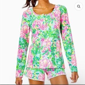 Lilly Pulitzer PJ Knit Henley Top S Sea Salt Blue Fruity Flamingo Floral Print